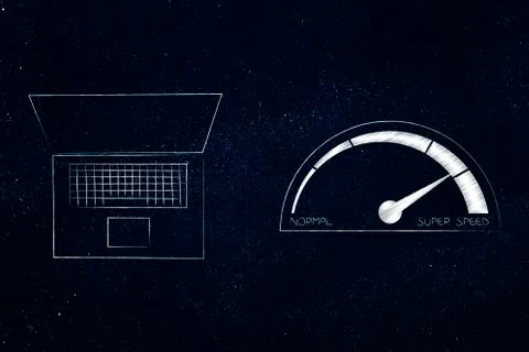 Laptop next to speedometer going from normal to super speed 스톡 일러스트