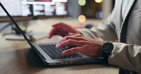 Laptop, night and hands typing code, software and business person research for Stockbeeldmateriaal 277215531