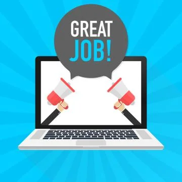 Laptop notebook computer screen. Hand holding megaphone. Great job! text in s Stock Illustration