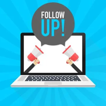Laptop notebook computer screen. Hand holding megaphone. Follow up! text in s Stock Illustration