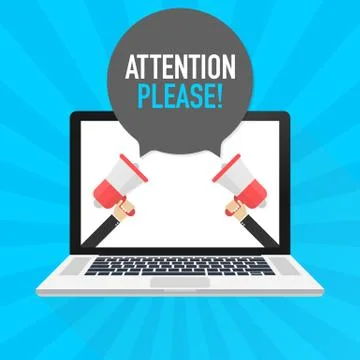Laptop notebook computer screen. Hand holding megaphone. Attention please! te Stock Illustration