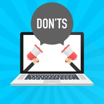 Laptop notebook computer screen. Hand holding megaphone. Don'ts text in speec 스톡 일러스트