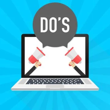 Laptop notebook computer screen. Hand holding megaphone. Do's text in speech  스톡 일러스트