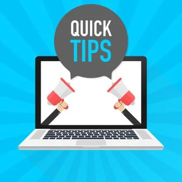 Laptop notebook computer screen. Hand holding megaphone. Quick tips text in s Stockillustratie