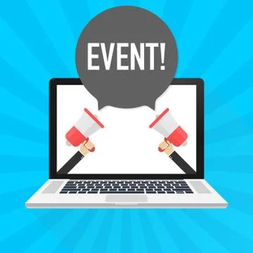 Laptop notebook computer screen. Hand holding megaphone. Event! text in speec Ilustração Stock