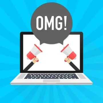 Laptop notebook computer screen. Hand holding megaphone. OMG! text in speech  イラスト素材