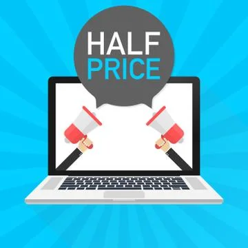 Laptop notebook computer screen. Hand holding megaphone. Half price text in s Stock Illustration