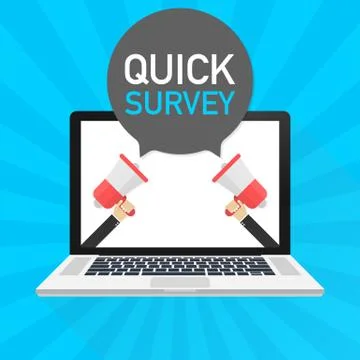 Laptop notebook computer screen. Hand holding megaphone. Quick survey text in Stock Illustration