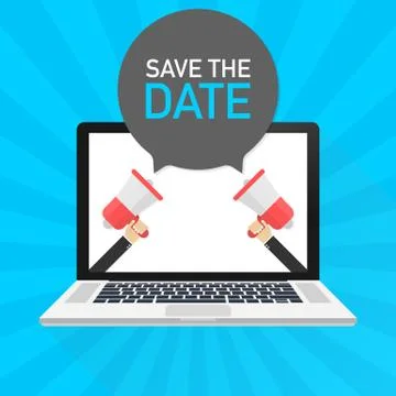 Laptop notebook computer screen. Hand holding megaphone. Save the data text i Stock Illustration