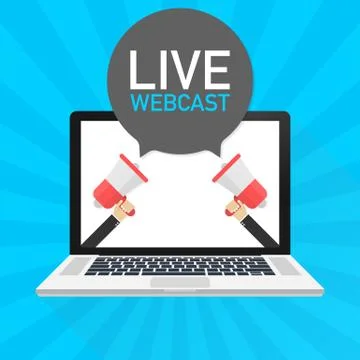 Laptop notebook computer screen. Hand holding megaphone. Live webcast text in Stock Illustration