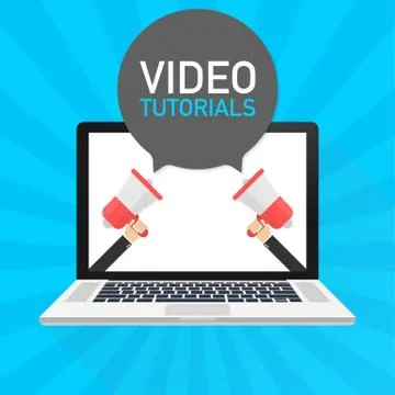 Laptop notebook computer screen. Hand holding megaphone. Video tutorials text Illustrazione stock