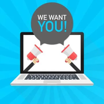 Laptop notebook computer screen. Hand holding megaphone. We want you! text in Stock Illustration
