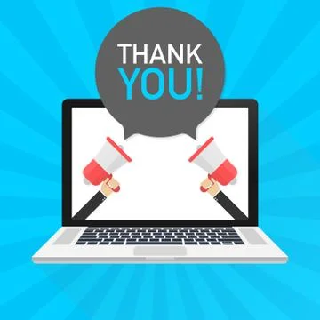 Laptop notebook computer screen. Hand holding megaphone. Thank You! text in s Stock Illustration