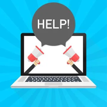 Laptop notebook computer screen. Hand holding megaphone. Help! text in speech Illustration