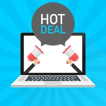 Laptop notebook computer screen. Hand holding megaphone. Hot deal text in spe Illustrazione stock