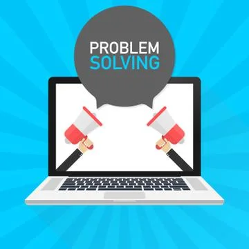 Laptop notebook computer screen. Hand holding megaphone. Problem solving text Stock Illustration