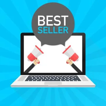 Laptop notebook computer screen. Hand holding megaphone. Best seller text in  Stock Illustration