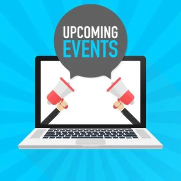 Laptop notebook computer screen. Hand holding megaphone. Upcoming events text Stock Illustration