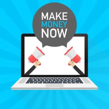 Laptop notebook computer screen. Hand holding megaphone. MAKE MONEY NOW text  库存插图
