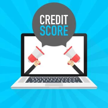 Laptop notebook computer screen. Hand holding megaphone. Credit score text in 스톡 일러스트