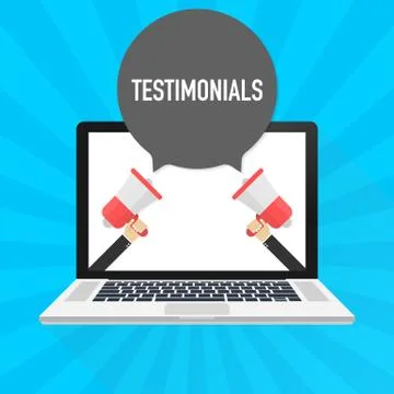 Laptop notebook computer screen. Hand holding megaphone. Testimonial text in  Illustrazione stock