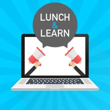 Laptop notebook computer screen. Hand holding megaphone. Lunch and learn text Stock Illustration