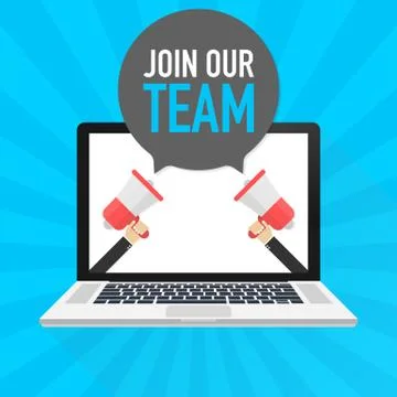 Laptop notebook computer screen. Hand holding megaphone. Join our team text i Ilustración de archivo