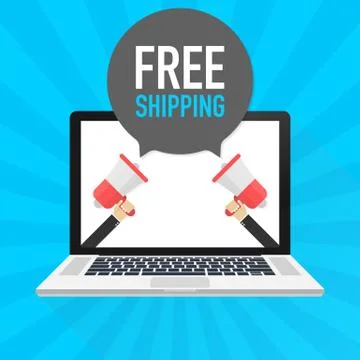 Laptop notebook computer screen. Hand holding megaphone. Free shipping text i Stock Illustration