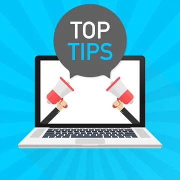 Laptop notebook computer screen. Hand holding megaphone. Top tips text in spe Stockillustratie