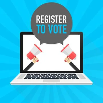Laptop notebook computer screen. Hand holding megaphone. Register to vote tex Stock Illustration