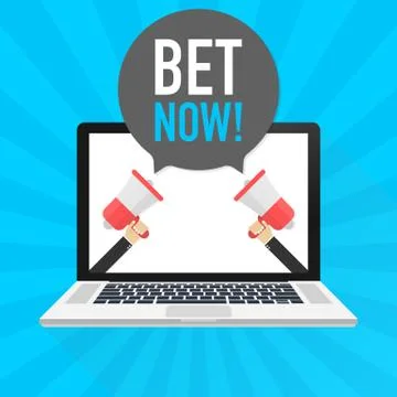 Laptop notebook computer screen. Hand holding megaphone. Bet now! text in spe Stock Illustration