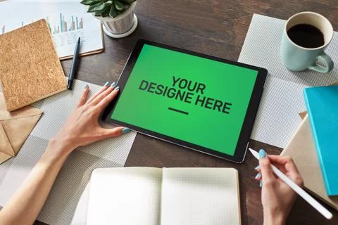 Laptop, Notebook, Computers, tablet pc Mockup screen with green chroma key Stock Photos