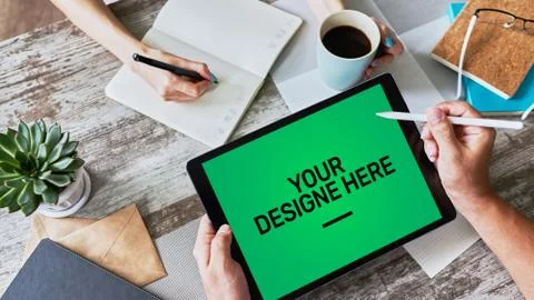 Laptop, Notebook, Computers, tablet pc Mockup screen with green chroma key Stock Photos