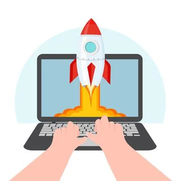 Laptop notebook with hand typing working launch of startup concept Stock Illustration