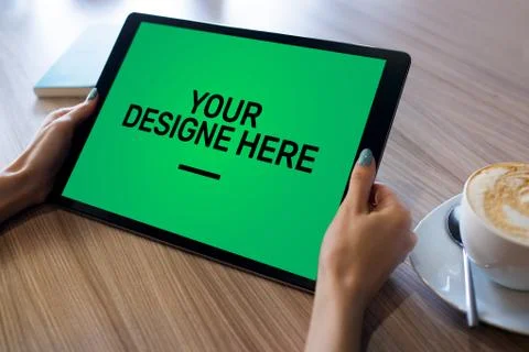 Laptop, Notebook, tablet pc Mockup screen with green chroma key background and Stock-Fotos