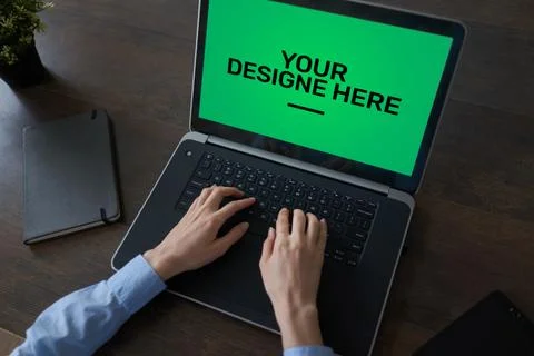 Laptop, Notebook, tablet pc Mockup screen with green chroma key background and Stock Photos
