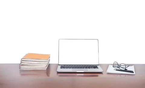 Laptop with notebooks isolated on white background Stock Photos