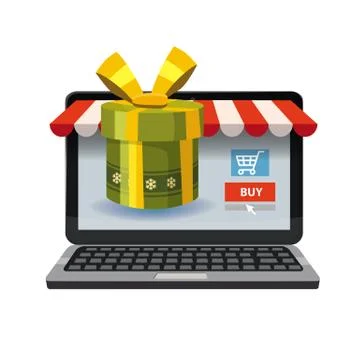 Laptop, noteebok with green gift box. Online shopping concept. Sale, e-commerce Stock Illustration