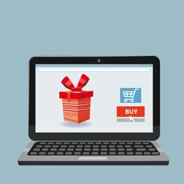 Laptop, noteebok with red gift box. Online shopping concept. Sale, e-commerce Stock Illustration