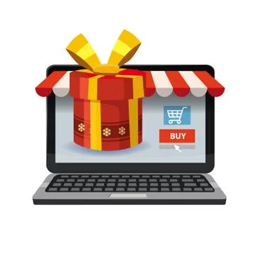 Laptop, noteebok with red gift box. Online shopping concept. Sale, e-commerce Stock Illustration