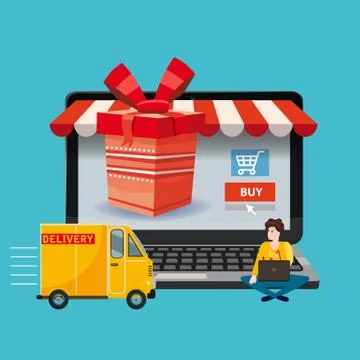Laptop, noteebok with red gift box. Delivery track, People ordering a gift Stock Illustration