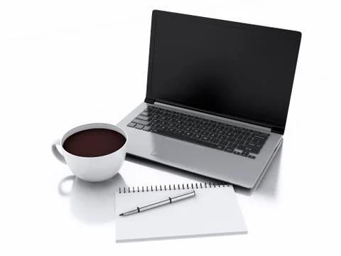 Laptop, notepad and cup of coffee. work office concept on white background Illustrazione stock