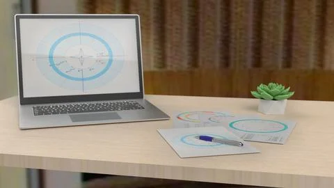 Laptop, notepad with pen for notes, astrological cards, houseplant on the tab 스톡 일러스트