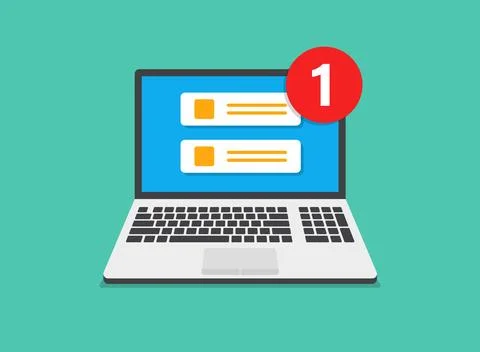 Laptop notification icon in flat style. Computer vector illustration on iso.. Stock Illustration
