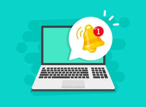 Laptop notification icon in flat style. Computer vector illustration on iso.. Stock Illustration