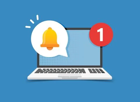 Laptop notification icon in flat style. Computer vector illustration on iso.. Stock Illustration