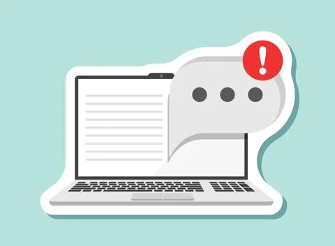 Laptop notification sticker icon in flat style. Computer vector illustratio.. Illustrazione stock