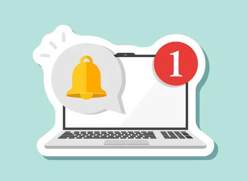 Laptop notification sticker icon in flat style. Computer vector illustratio.. Illustrazione stock