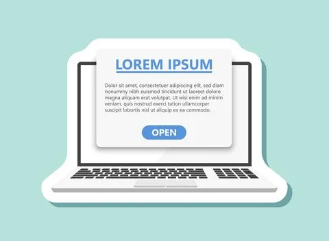Laptop notification sticker icon in flat style. Computer vector illustratio.. Ilustración de archivo