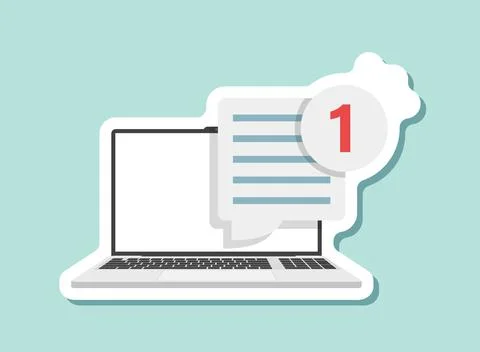 Laptop notification sticker icon in flat style. Computer vector illustratio.. Ilustración de archivo